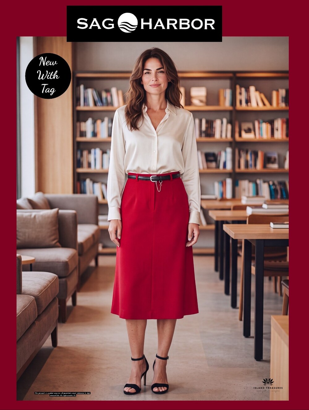 NWT Sag Harbor Sz 10 Red 100% Wool Belted Midi Skirt Lined Woolmark Missy Career
